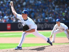 Right-handed reliever Trent Thornton has been traded by the Toronto Blue Jays to the Seattle Mariners. Thornton (57) throws to an Oakland Athletics batter in eighth inning American League baseball action in Toronto on Sunday, June 25, 2023.
