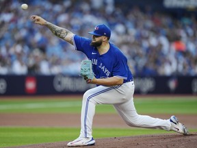 Toronto Blue Jays starting pitcher Alek Manoah (6) works against the Milwaukee Brewers during first inning MLB baseball action in Toronto on Wednesday, May 31, 2023. The Jays recalled Manoah from Double-A New Hampshire on Friday and placed reliever Jay Jackson on the paternity list.