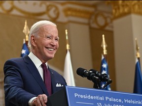 U.S. President Joe Biden addresses a joint press conference with Finland's president after the U.S.-Nordic leaders summit in Helsinki on July 13, 2023.