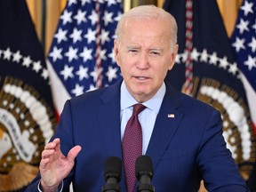 U.S. President Joe Biden speaks during a meeting with his Competition Council in State Dining Room of the White House