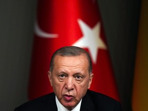 Turkish President Recep Tayyip Erdogan talks to journalists.