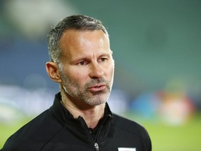Wales coach Ryan Giggs talks to media prior to the UEFA Nations League soccer match between Bulgaria and Wales at Vassil Levski national stadium in Sofia, Bulgaria, in 2020.