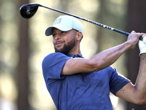 Stephen Curry watches a tee shot on the 16th hole during a practice round at American Century Championship golf tournament