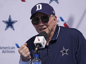 Dallas Cowboys owner Jerry Jones speaks to reporters during a news conference ahead of the NFL football team's training camp Tuesday, July 25, 2023, in Oxnard, Calif.