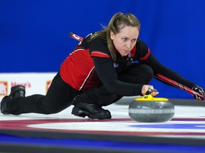 Ontario fourth Rachel Homan delivers a rock while playing Manitoba at the Scotties Tournament of Hearts