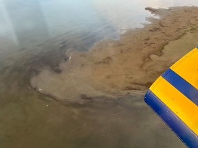 aerial view of a shallow lake where a helicopter crashed
