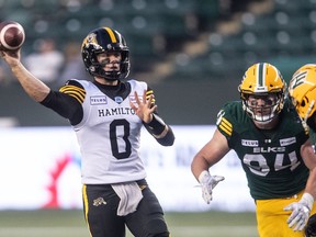 Hamilton Tiger-Cats quarterback Taylor Powell (0) makes the throw against the Edmonton Elks during second half CFL action in Edmonton, Alta., on Thursday July 13, 2023. The rookie quarterback will make his first CFL start Friday night when Hamilton (2-3) hosts the archrival Toronto Argonauts (4-0).