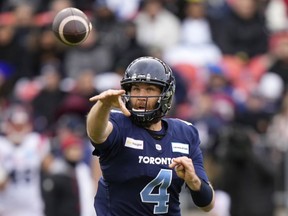 Toronto Argonauts quarterback McLeod Bethel-Thompson (4) throws the ball against the Montreal Alouettes during first half CFL Eastern Final football action in Toronto on Sunday, Nov. 13, 2022.&ampnbsp;The Ottawa Redblacks have reached out to Bethel-Thompson about a potential return to the CFL.