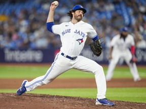 Blue Jays' Jordan Romano pitches to the Oakland Athletics during the ninth inning on June 23, 2023 in Toronto,