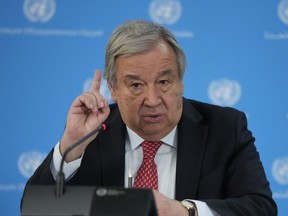 UN secretary General Antonio Guterres addresses the media during a visit to the UN office in the capital Nairobi,