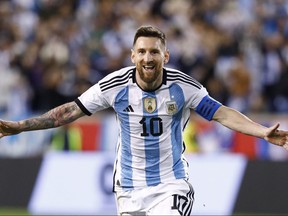 Argentina's Lionel Messi celebrates his goal during the international friendly football match between Argentina and Jamaica at Red Bull Arena