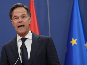 Netherland's Prime Minister Mark Rutte speaks during a press conference at the Serbia Palace, in Belgrade, Serbia, on July 3, 2023