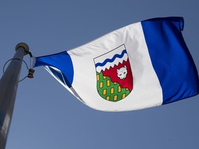 The Northwest Territories provincial flag flies