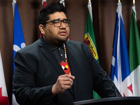 Chief Gaius Wesley of Kaschechwan First Nation speaks during a press conference calling on First Nations representation, at the ongoing health care talks on Parliament Hill in Ottawa, Feb. 7, 2023.