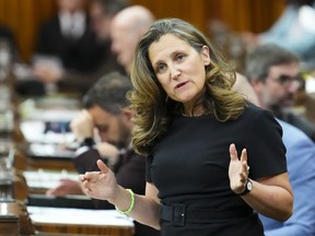 Deputy Prime Minister Chrystia Freeland says it's the provincial government's responsibility to help backstop Toronto's pandemic-ravaged finances, offering no new federal dollars in two-page response to Mayor Olivia Chow's request for help. Freeland rises during question period in the House of Commons on Parliament Hill in Ottawa on Monday, June 19, 2023.