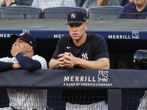 New York Yankees' Aaron Judge watches during the first inning of a baseball game against the Baltimore Orioles, Monday, July 3, 2023, in New York.