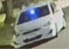 A image released by Peel Regional Police of a 2012-17 model white Hyundai Accent Sedan believed involved in the fatal carjacking of food delivery driver Gurvinder Nath in Mississauga.