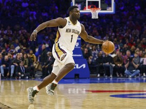 New Orleans Pelicans' Zion Williamson drives with the ball during the NBA basketball team's game against the Philadelphia 76ers on Jan. 2, 2023, in Philadelphia.