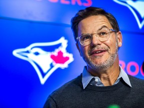 Blue Jays general manager Ross Atkins speaks to reporters during an end-of-season media availability at the Rogers Centre in Toronto, Ont. on Tuesday, Oct. 11, 2022.
