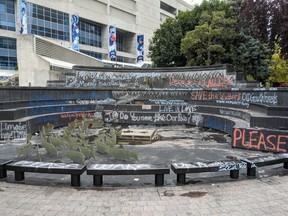 Graffiti-covered Salmon Run fountain in Bobbie Rosenfeld Park in Toronto.
