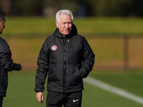 Canada technical assistant Tom Sermanni looks on during a training session ahead of the FIFA Women's World Cup in Melbourne, Australia, Monday, July 17, 2023. Head coach of Australia at three World Cups and New Zealand at one, the Scottish-born, Australian-based coach is working his second tournament on Canada's staff.