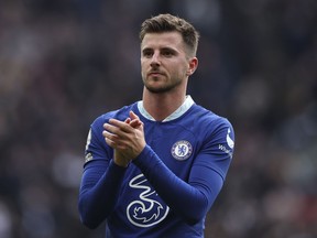 FILE - Chelsea's Mason Mount reacts after his team lost the English Premier League soccer match between Tottenham Hotspur and Chelsea at Tottenham Hotspur Stadium in London, Sunday, Feb. 26, 2023. Manchester United has agreed a fee of 55 million pounds ($69 million) to sign Chelsea midfielder Mason Mount.