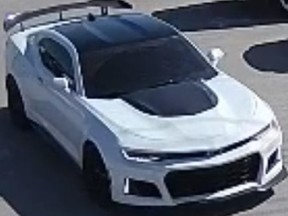 Investigators need help tracking down a Chevrolet Camaro that is believed to have been used by a thief who stole numerous catalytic converters from vehicles in the parking lot of a Rexdale business on March 24, 2023.