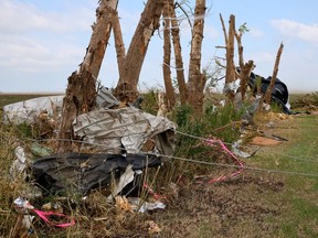 Damage after a tornado destroyed properties on Highway 2A between Didsbury and Beiseker on Saturday, July 1, 2023.