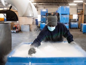 An employee makes dry ice pellets at Capitol Carbonic, a dry ice factory