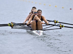 Ella Wheeler, Rebecca Stelmach, Delaney Lundberg, Carly Brown and Lucy Herrick of The United States Of America compete in the Women's Coxed Four during the World Rowing Under 19 Championships.