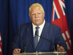 Ontario Premier Doug Ford speaks to the media during a press conference following the release of the Auditor General?s Special Report on Changes to the Greenbelt, at Queens Park, in Toronto, Wednesday, Aug. 9, 2023.