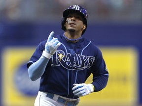 Wander Franco of the Tampa Bay Rays celebrates after hitting a home run.