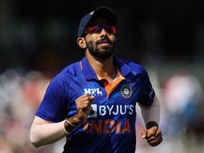 India's Jasprit Bumrah reacts during the Second Royal London One Day International (ODI) cricket match in 2022.