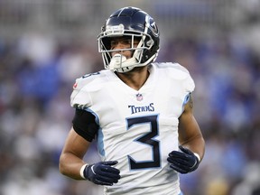 Tennessee Titans cornerback Caleb Farley gets ready for a play against the Baltimore Ravens.