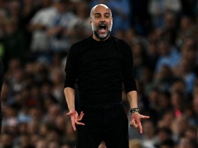 Manchester City manager Pep Guardiola reacts during a game against Newcastle.