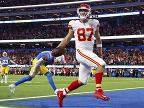 Travis Kelce of the Kansas City Chiefs scores a touchdown against the Los Angles Chargers.