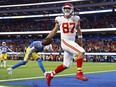 Travis Kelce of the Kansas City Chiefs scores a touchdown against the Los Angles Chargers.