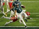 Jalen Hurts of the Philadelphia Eagles runs for a touchdown during Super Bowl LVII.