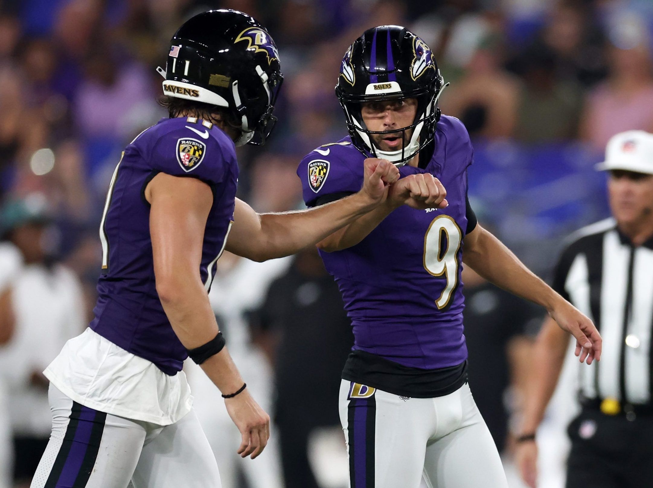 Kicker Justin Tucker of the Baltimore Ravens celebrates after