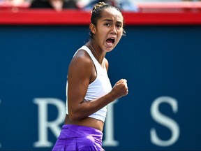 Leylah Fernandez of Canada reacts after winning a point against Peyton Stearns of the United States of America on Day 2 during the National Bank Open at Stade IGA on Aug. 8, 2023 in Montreal.