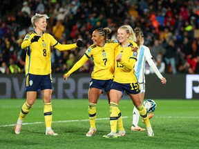 Rebecka Blomqvist of Sweden celebrates with teammates after scoring her team's first goal during the FIFA Women's World Cup Australia & New Zealand 2023 Group G match between Argentina and Sweden at Waikato Stadium on August 02, 2023 in Hamilton, New Zealand. (Photo by Buda Mendes/Getty Images)