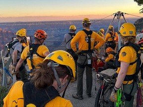 Members of Grand Canyon National Park's Search and Rescue (SAR) Team are pictured on Aug. 8, 2023 at the scene of an accident involving a teen who fell over the edge
