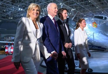 US President Joe Biden, First Lady Jill Biden, Canada's Prime Minister Justin Trudeau and his wife Sophie Gregoire Trudeau arrive to attend a gala dinner at the Canadian Aviation and Space Museum in Ottawa, Canada, on March 24, 2023. (Photo by MANDEL NGAN/AFP via Getty Images)
