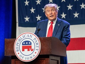 Donald Trump speaks at the Republican Party of Iowa's 2023 Lincoln Dinner.