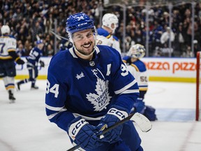 Maple Leafs Auston Matthews celebrates after scoring during the second period against the St. Louis Blues in Toronto on Tuesday, Jan. 3, 2023.