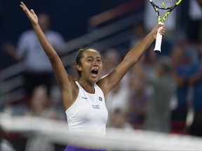 Leylah Fernandez of Canada celebrates her win against Beatriz Haddad Maia of Brazil during the National Bank Open tennis tournament in Montreal, Wednesday, Aug. 9, 2023.
