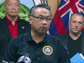 In this image taken from video, Maui Emergency Management Agency Administrator Herman Andaya