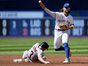 Blue Jays' hitter Bo Bichette gets the force out on Cleveland Guardians' Myles Straw while trying to turn a double play during the third inning in Toronto, Sunday, Aug. 27, 2023.