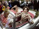 Justin Trudeau drives alongside Sophie Gregoire in his father's 1959 Mercedes 300 SEL after their marriage ceremony in Montreal on May 28, 2005.
