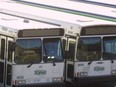 Durham Region Transit buses sit in the rear holding yard at the Ajax Division bus terminal off Westney Rd.